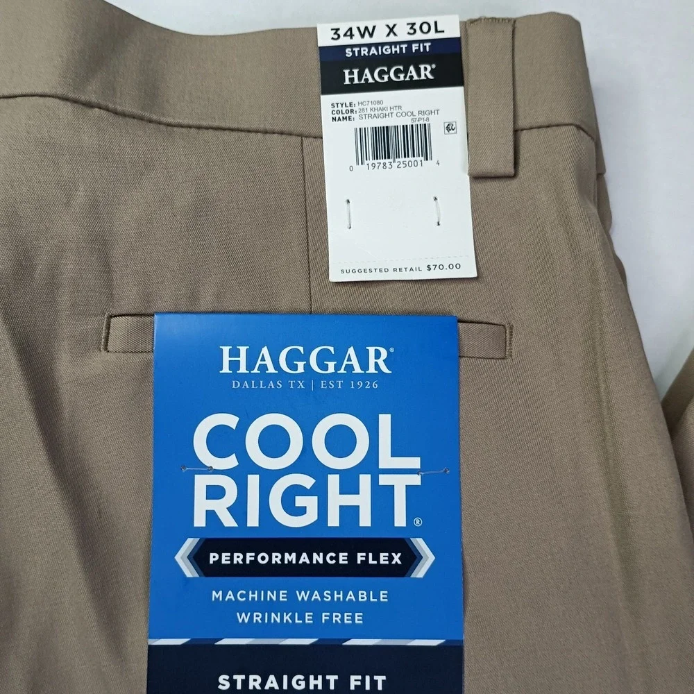 Haggar Cool Right Performance Flex Straight Fit Pants Men's Size 34x30 Khaki New